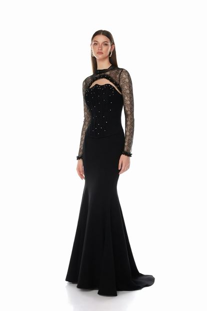 Robe de soirée noire à corset et effet dentelle